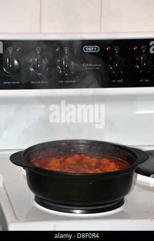 Les images d'un stew cuisson dans un pot en fonte sur une cuisinière électrique. Banque D'Images