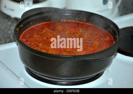 Les images d'un stew cuisson dans un pot en fonte sur une cuisinière électrique. Banque D'Images