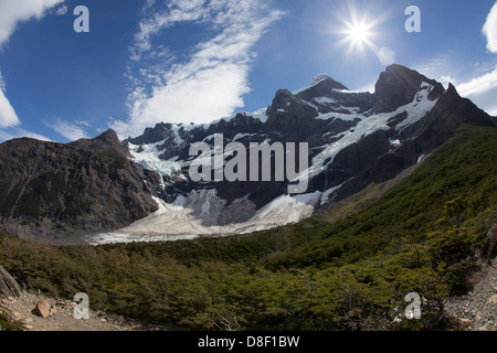 Los Cuernos les montagnes, les forêts et des Glaciers vu du Mirador Frances dans le Parc National des Torres del Paine Banque D'Images