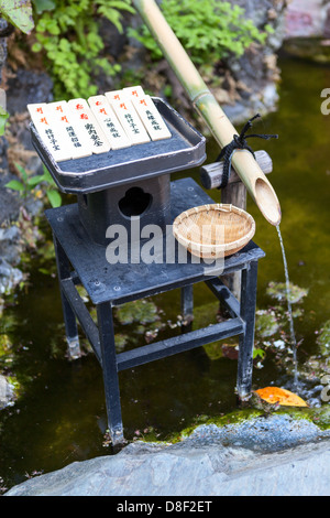 Tsukubai est un petit bassin fournis dans des temples bouddhistes japonais pour les visiteurs de se purifier par le rituel du lavage des mains Banque D'Images