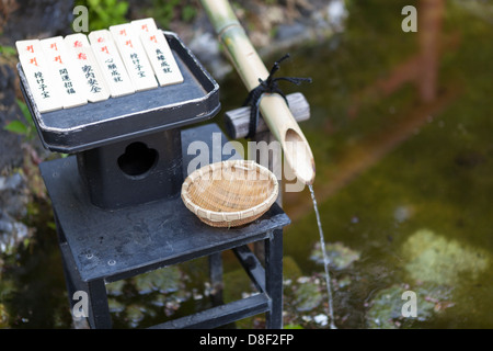 Tsukubai est un petit bassin fournis dans des temples bouddhistes japonais pour les visiteurs de se purifier par le rituel du lavage des mains Banque D'Images