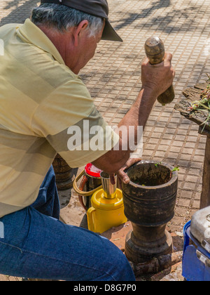 Un homme d'origine hispanique est situé sur la chaussée d'un parc de la ville et de livres de yerba mate les feuilles des plantes à l'aide d'un mortier et un pilon en bois. Banque D'Images