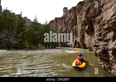 Un kayak gonflable pagaie vers le bas de la rivière de l'Idaho Jarbidge. Banque D'Images