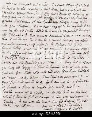 Une partie d'une lettre datée du 14 juin, 1737, de Jonathan Swift de Robert Walpole, 2 comte d'Orford. Banque D'Images