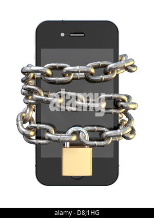 Un smartphone enveloppé dans une chaîne métallique et attaché avec un cadenas en laiton dénotant un internet seurity sur fond isolé Banque D'Images