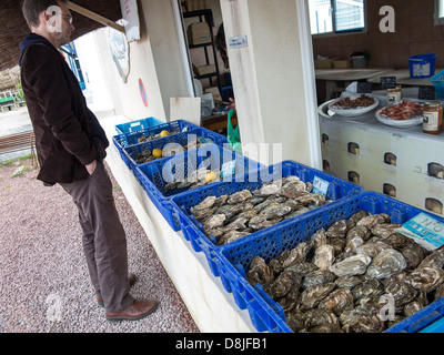 Un homme achète des huîtres depuis l'huître homme à Fouras, France Banque D'Images