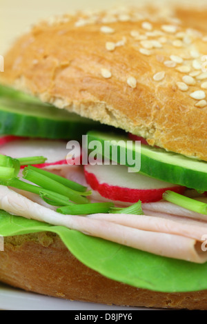 Sandwich avec jambon, Laitue, Concombres et radis, Close up Banque D'Images