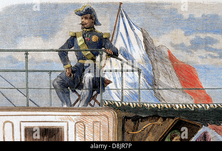 Napoléon III (1808-1873). Empereur des Français (1852-1870) à bord de l'Aigle. Gravure en couleur. Banque D'Images