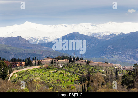 Vue sur les sommets enneigés des montagnes de Sierra Nevada de l'Alhambra, Grenade, Espagne Banque D'Images