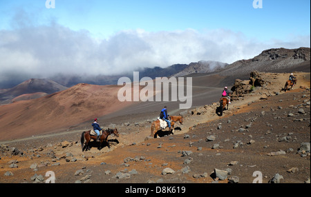 Les cavaliers d'explorer le parc national de Haleakala sur Maui Banque D'Images
