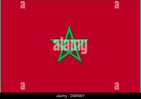 Le drapeau du Maroc se compose d'un champ rouge avec un pentagramme vert, une étoile à cinq branches, au centre. L'étoile représente le sceau de Salomon, un ancien symbole de sagesse et de puissance. Les couleurs rouge et verte sont importantes dans la culture marocaine, représentant la force et l'espoir. Banque D'Images