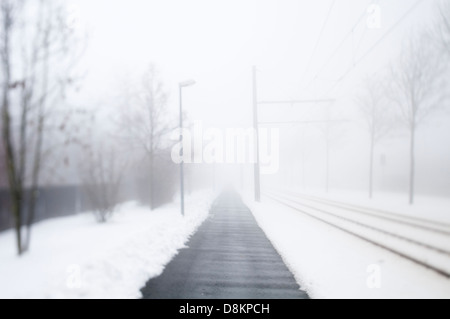 Chemin dans le brouillard en direction de l'aéroport, Erfurt, Thuringe, Allemagne Banque D'Images