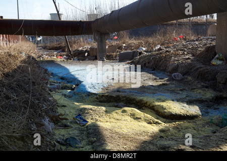 Un fossé fortement pollués entre une usine de glutamate monosodique et une petite usine d'engrais chimiques dans un village en Chine. Banque D'Images