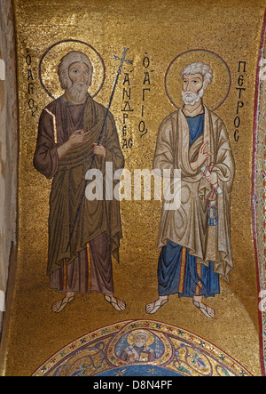 PALERMO - 8 avril : Mosaïque de l'apôtre Pierre et André de à l'église de Santa Maria dell'Ammiraglio ou la Martorana Banque D'Images