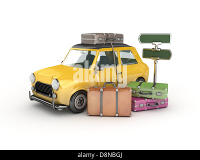 Voiture jaune 3d et valises -travel concept Banque D'Images