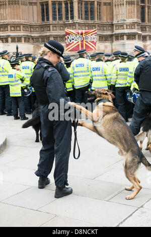 Whitehall, Londres, Royaume-Uni. 1er juin 2013. La BNP avait obtenu l'autorisation à mars de l'ancienne cour du Palais de Westminster à Whitehall. Seul un petit nombre de BNP étaient présents à ce qu'un grand nombre de manifestants ont bloqué antifasciste en cour du palais vieux et ils ont été incapables de mars. Finalement la police a commencé à pousser lentement le dos Anti-Fascists et plusieurs arrestations ont été effectuées. Crédit : La Farandole Stock Photo/Alamy Live News Banque D'Images