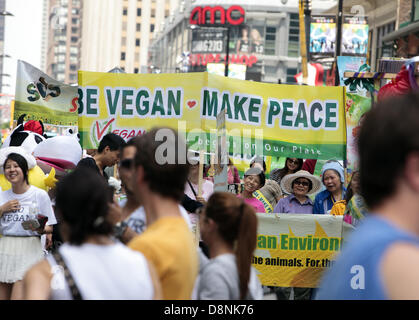 Toronto, Canada. 1er juin 2013. Les participants du défilé de la Veggie Pride marchant sur la rue Yonge, 1 juin 2013 à Toronto, Canada. Banque D'Images