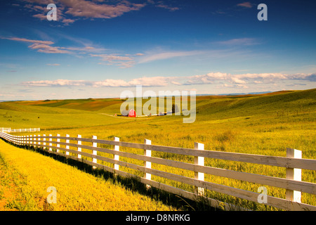 Coucher de soleil sur grange rouge dans la région de Palouse, Washington, USA. Banque D'Images