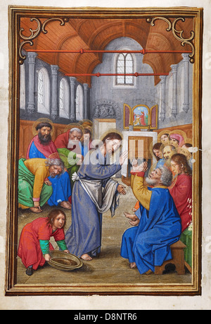 Simon Bening, le Christ lave les pieds des Apôtres 1525-1530 Huile sur toile. Couleurs, tempera, peinture or et feuille d'or sur du parchemin. Banque D'Images