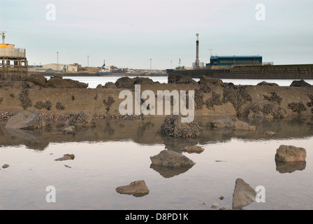 Une partie de la rivière Adur défenses mer à Shoreham Port / port - Shoreham-by-Sea, West Sussex, Angleterre, Royaume-Uni. Banque D'Images