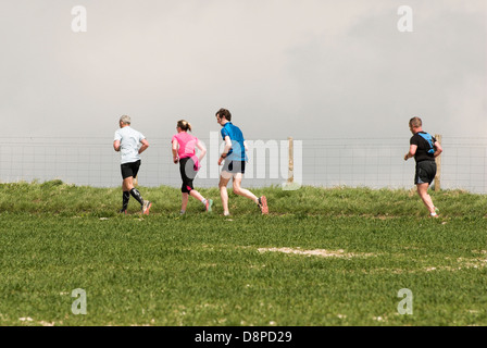 Coureurs sur les trois forts Challenge sur leur façon de Chanctonbury Ring dans le West Sussex. Banque D'Images