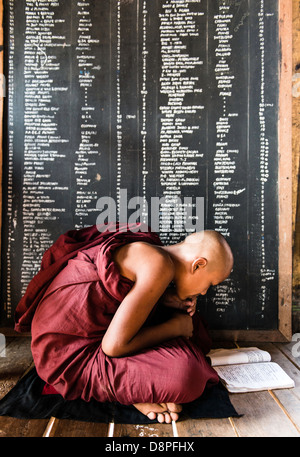 Le moine bouddhiste qui étudient dans un monastère près de Mandalay Birmanie Myanmar Banque D'Images