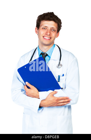 Portrait of a male doctor holding a bloc-notes sur fond blanc Banque D'Images