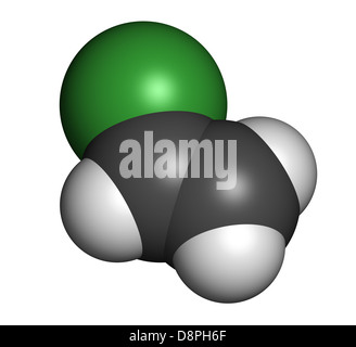 Le chlorure de vinyle, le chlorure de polyvinyle (PVC) bloc de construction en plastique. Les atomes sont représentés comme des sphères avec codage couleur classiques Banque D'Images