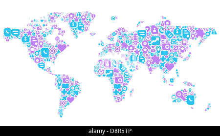 Carte du monde concept. 100 icons set dans les couleurs bleu et violet. Banque D'Images