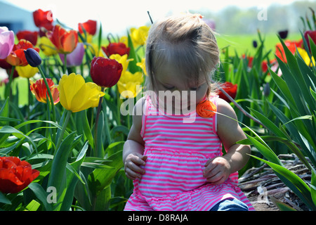 Petite fille priant dans les fleurs. Banque D'Images