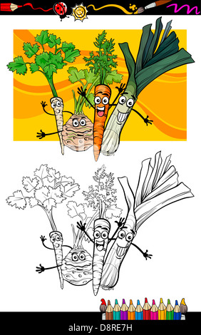 Livre de coloriage ou une page de bande dessinée de vulgarisation de Soupe Légumes Objets nourriture drôle d'éducation des enfants Banque D'Images