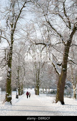 Couple d'âge moyen marche à travers des arbres avec l'hiver la neige en Stafforfdshire Angleterre Beacon Park Lichfield Banque D'Images