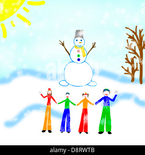 Dessin de famille avec le Snowman Banque D'Images