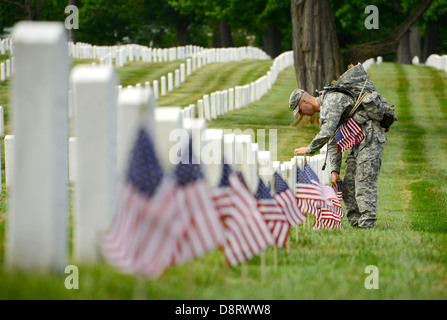 Un soldat américain avec la vieille garde met un drapeau américain devant une pierre tombale dans le Cimetière National d'Arlington en l'honneur de Memorial Day 23 mai 2013 à Arlington, VA. Cette tradition, connu sous le nom de 'flags', en a été menée chaque année depuis la vieille garde a été désigné comme l'unité de l'Armée de cérémonie officielle en 1948. Banque D'Images