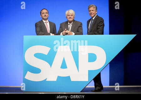 Mannheim, Allemagne. 4 juin 2013. Les deux porte-parole du conseil d'fabricant de logiciels SAP, Bill McDermott (R) et Jim Hagemann Snabe (L), et président du conseil et co-fondateur de SAP Hasso Plattner debout derrière un logo de sève à l'assemblée générale annuelle de SAP à Mannheim, Allemagne, 04 juin 2013. Le SAP a enregistré un autre chiffre d'affaires record de 16,2 milliards d'euros au cours de l'exercice 2012. Photo : FREDRIK VON ERICHSEN/dpa/Alamy Live News Banque D'Images