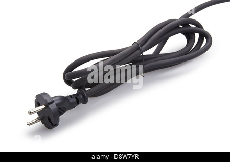 Câble d'alimentation noir au connecteur isolated on white Banque D'Images