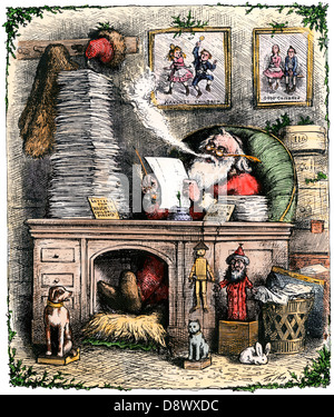 Le Père Noël de l'ouverture d'une pile de lettres, 1880. À la main, gravure sur bois, d'un Thomas Nast illustration Banque D'Images