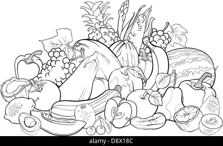 Illustration Cartoon noir et blanc de fruits et légumes grand groupe Food Design pour Coloring Book Banque D'Images