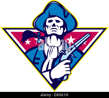 Illustration d'un patriote américain Minuteman à pistolet à silex jusqu'à l'intérieur set triangle avec étoile sur blanc isolé Banque D'Images