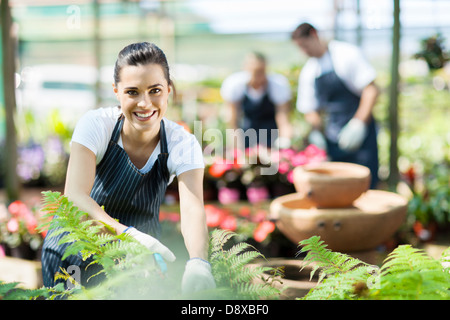 Happy female nursery worker parage plants in greenhouse Banque D'Images