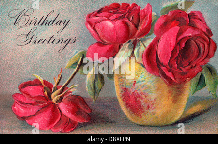 Voeux d'anniversaire - carte vintage avec des roses et coupe rustique Banque D'Images