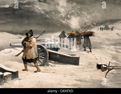 Les Zouaves de sentinelles, avant de Sébastopol. Un soldat qui monte la garde à une batterie française avec des canons et des Zouaves transportant des paquets de bois d'un camp à l'arrière-plan. Guerre de Crimée, 1855 Banque D'Images