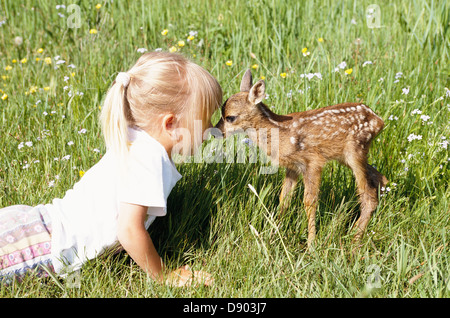 Une petite fille embrassant un faon. Banque D'Images