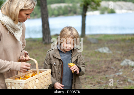 Mère et fils cueillette de champignons Banque D'Images