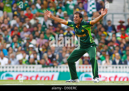 Londres, ANGLETERRE - 07 juin : le Pakistan's Wahab Riaz les appels au cours de l'ICC Champions trophy match de cricket international entre le Pakistan et les Antilles à l'Oval Cricket Ground le 07 juin 2013 à Londres, en Angleterre. (Photo de Mitchell Gunn/ESPA) Banque D'Images