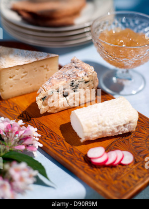 Divers tranche de fromage sur planche de bois, close-up Banque D'Images