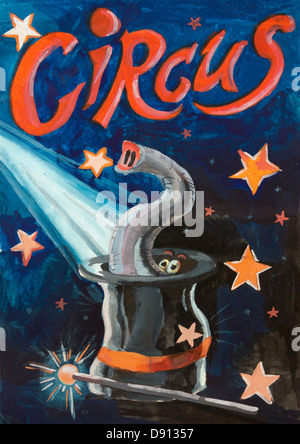 Affiche de cirque fait à la détrempe à l'âge moyen d'environ 12. Un éléphant dans un top hat illusion sous une nuit étoilée. Banque D'Images