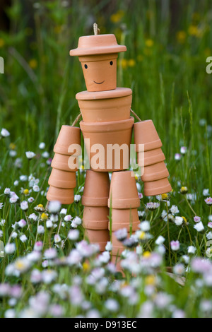 L'homme a fait à partir de pots de fleurs se trouvait dans une prairie daisy Bellis perennis Banque D'Images