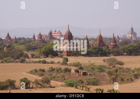 Vue sur le temple sur la plaine de Bagan, vue depuis les terrasses du temple Shwesandaw Paya Banque D'Images