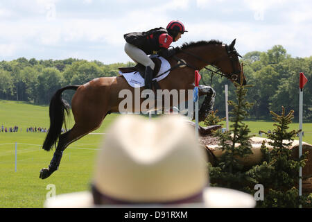 Bramham Leeds UK. 8 juin 2013. Un avenant figurant à sauter par-dessus un chapeau de spectateurs lors de la 40e Bramham horse trials. S : crédit D Schofield/Alamy Live News Banque D'Images